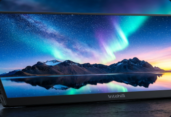 IPS monitor displaying the northern lights over a mountain lake