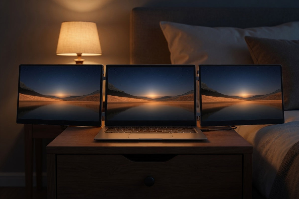 Three laptop displays in a softly lit bedroom at night