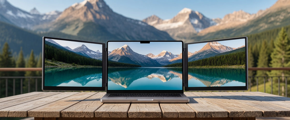 Three laptop displays showing a clear mountain lake in daylight